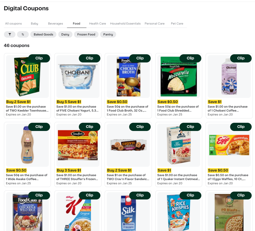 Shows a page with various coupons, such as Save $1.00 on any ONE (1) Oikos Triple Zero 4-Pack yogurt.